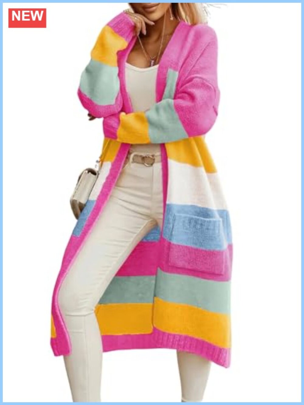 Striped Knit Cardigan Open Front Mid Long Sweater Coatigan